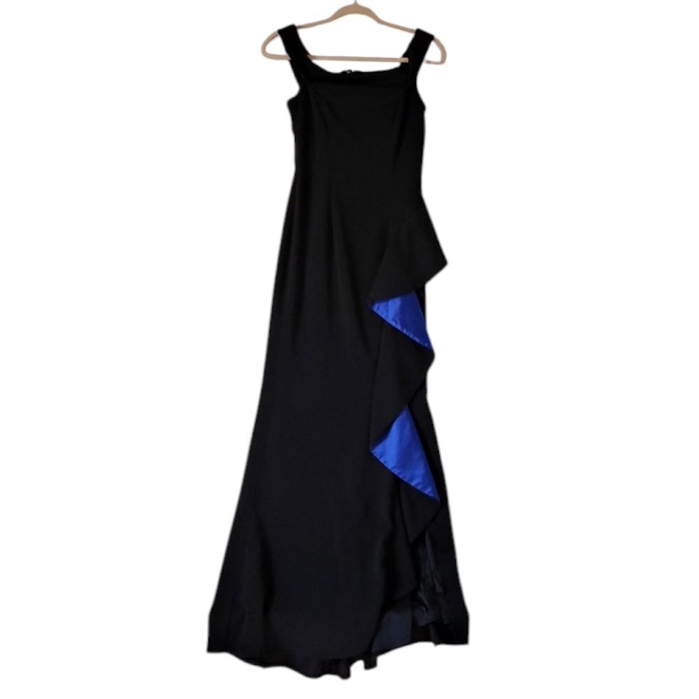 Slate & Willow Black Silky Slit Cocktail Maxi Blue‎ Ruffles Sleeveless Size 2